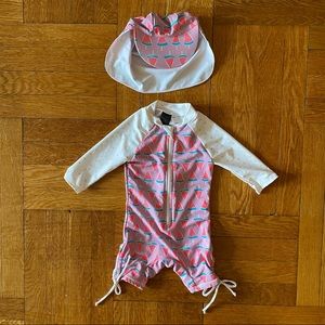 Bonverano Baby girl pink watermelon long sleeve swimsuit w/ hat size 6-9 months